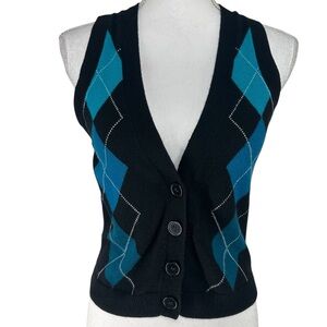 EXPRESS / Black & Blue Argyle Sweater Vest with Buttons / Small